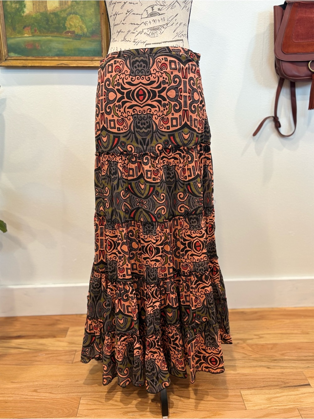 Boho Abstract Print Tiered Maxi Skirt Earth Tone Flowy Indie